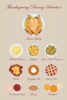 Şükran Günü hindi yemeği seçimi balkabağı dolgulu patates püresi ve yassı vektör tarzında gösterilen şenlikli sonbahar yemekleri.