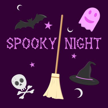halloween night background with cute witch hat, witch broom, bat and broom. vector illustration