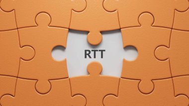 Yapboz parçalarının üzerindeki rtt işareti eksik parçalar ve büyüteç.Yapboz parçalarını eksik parçalarla kapat, İş Konsepti 3D görüntüleme.