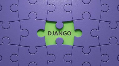 DJANGO iş sözcüğünün eksik parçalarıyla bulmaca parçaları. Yapboz parçalarını eksik parçalarla kapat. İş Konsepti 3D görüntüleme..