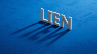 3D şarküterilerin dört gölgesi üzerinde LIEN sözcüğü ile dizilmiş, metin için boşluk. 3D şarküterilerin gölgesine yakın çekim, İş Konsepti 3D oluşturma.