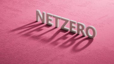 Karbondioksit salınımını azaltmak, iklim değişikliğini sınırlamak, küresel ısınma, net sıfır karbondioksit azaltımı kavramı. Green Net Sıfır simgesi, 3D görüntüleyicilerin küçük gölgesi üzerine metin.