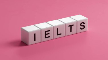 Finansal tabloların üzerinde IELTS metni olan pano. İş Analizi ve Strateji Konsepti. Tahta küplere yakın çekim, İş Konsepti 3D yorumlama.