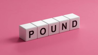 Ahşap küplerin üzerinde Pound iş sözcüğü. Ahşap küplere yakın çekim, İş Konsepti 3D görüntüleme..