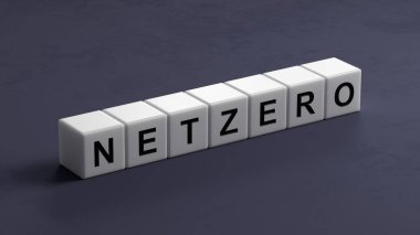 Karbondioksit salınımını azaltmak, iklim değişikliğini sınırlamak, küresel ısınma, net sıfır karbondioksit azaltımı kavramı. Yeşil Ağ Sıfır simgesi, küçük tahta küpler üzerinde metin 3D oluşturma.