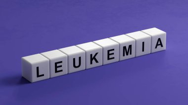 Doktor elinde kart tutuyor ve LEUKEMIA sözcüğünü işaret ediyor. Tahta küplere yakın, İş Konsepti 3D görüntüleme..