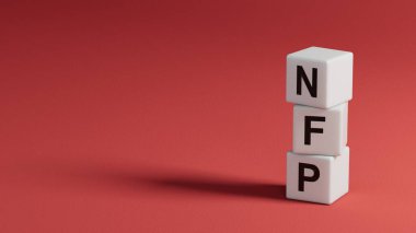 Kelime NFP. Tahta küçük ahşap elementler, içinde kopya alanı olan harfler mevcut. Ahşap elementleri kapatın..