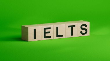 Finansal tabloların üzerinde IELTS metni olan pano. İş Analizi ve Strateji Konsepti. Tahta küplere yakın çekim, İş Konsepti 3D yorumlama.