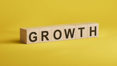 Ahşap küplere yazılmış büyüyen kelime. Tasarımınız için kavram. Tahta küplere yakın çekim, İş Konsepti 3D görüntüleme.