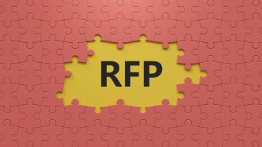 İçinde RFP harfleri olan yapboz parçaları eksik parçalarla birlikte bulmaca yazıları. Kayıp parçalarla yapboz parçalarını kapat. İş Konsepti 3D görüntüleme..