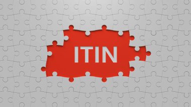 ITIN iş sözcüğünün eksik olduğu yapboz parçaları. Yapboz parçalarını eksik parçalarla kapat. İş Konsepti 3D görüntüleme..