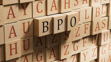 Tahta bloklardan oluşan BPO harfleriyle üç tahta blok, İş Konsepti 3D görüntüleme.