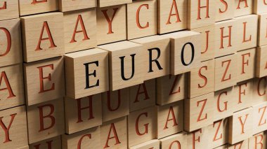 Euro Word, ahşap bloklara yazıldı. Ahşap blokları kapatın, İş Konsepti 3D görüntüleme.