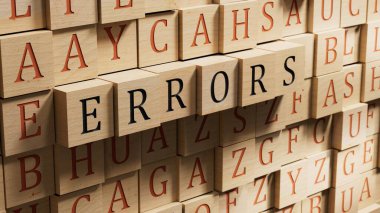 Yanlış kelime kavramı. Ahşap bloklar. Ahşap blokları kapatın. İş Konsepti 3D görüntüleme..