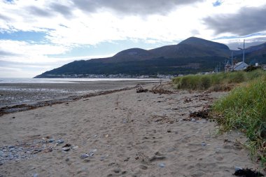 Newcastle plajının panoramik manzarası ve Kuzey İrlanda 'da dramatik bir gökyüzü altında Mourne Dağları