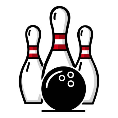 Siyah bowling topu ve kırmızı çizgili üç beyaz raptiye, sporu temsil eden bir ikon, eğlence aktivitesi ve eğlence yarışması