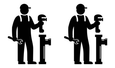 İngiliz anahtarı ve boru tutan bir muslukçu silueti logo, ikon ya da ev onarım servisi brandası için mükemmel.