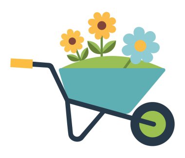 Çiçek açan bir el arabası illüstrasyon, bahçe blogları, bahar temaları ve açık hava projeleri için mükemmel..