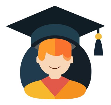 Gülümseyen mutlu bir öğrenci illüstrasyonu, mezuniyet şapkası takıyor, akademik ve eğitici temalar için mükemmel.