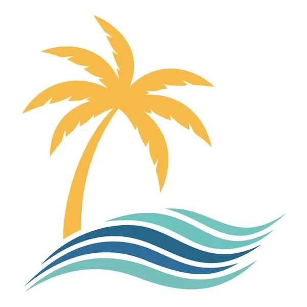 Dalgalı mavi su vektörü illüstrasyonuna sahip tropik bir palmiye ağacı yaz, tatil ve seyahat temaları için mükemmeldir.