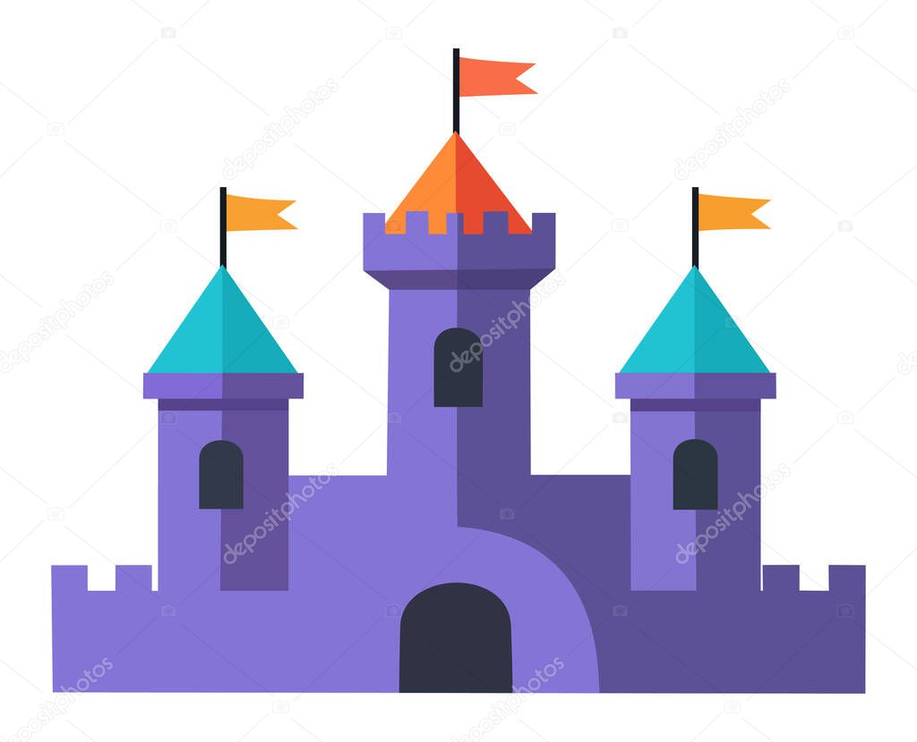 A fairytale cartoon castle illustration with purple walls, tall towers and colorful flags, isolated on a white background.