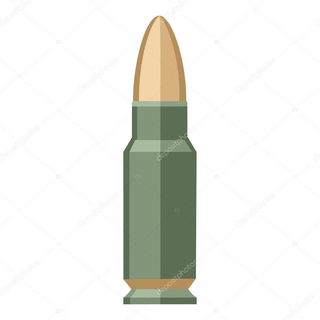 Bullet logo with a copper-colored tip and green casing, a simple illustration representing ammunition, firearms, military