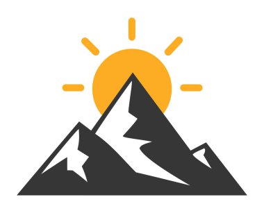 Arkasında güneş yükselen stilize bir dağ zirvesi ikonu, açık hava macerası, seyahat, doğa ve keşif temaları için ideal