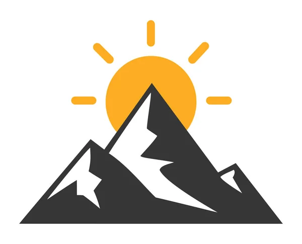 Arkasında güneş yükselen stilize bir dağ zirvesi ikonu, açık hava macerası, seyahat, doğa ve keşif temaları için ideal