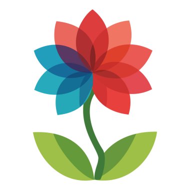 Kırmızı, mavi ve yeşil yapraklı bir çiçek, canlı ve modern bir botanik ikonu