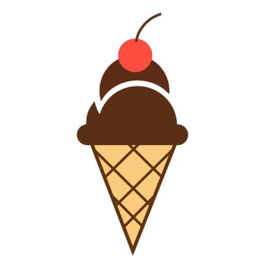 Üzerinde kiraz olan çikolatalı dondurma külahı. Yaz tatlıları için mükemmel basit ve tatlı bir vektör ikonu.