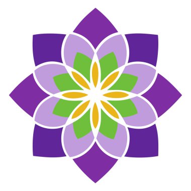 Mor, yeşil ve turuncu renkli canlı bir geometrik desen dengeyi, doğayı ve karmaşık tasarımı sembolize eder.