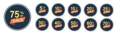 Satışlar% 50 indirimli, çeşitli indirim yüzdeleri olan bir satış rozeti koleksiyonu, e-ticaret, promosyonlar, perakende satış ve pazarlama kampanyaları için mükemmel.