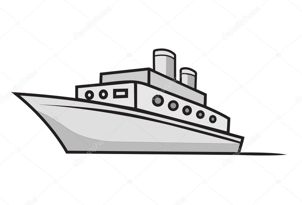Grey passenger cruise ship logo cartoon drawing, perfect for travel, vacation, and ocean adventure themes