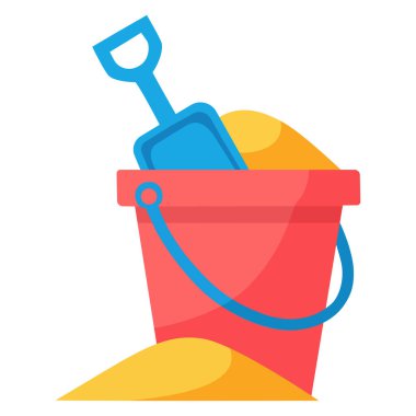 Kumla dolu kırmızı kum kovası ve mavi kürek. Yaz, tatil ve çocuklar için bir plaj oyuncağı seti.