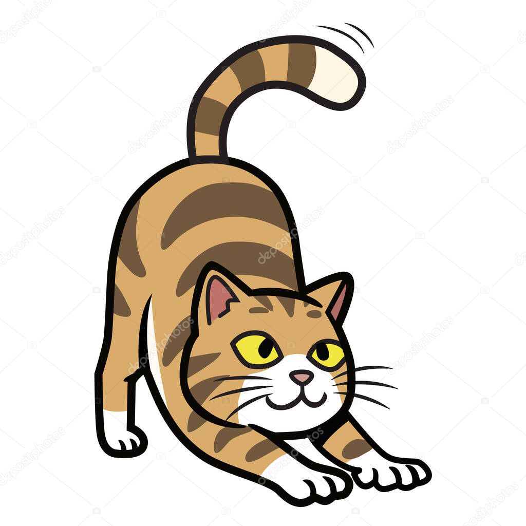 A playful cartoon cat in a stretching pose with a happy expression, ideal for pet-related content and cute, whimsical designs