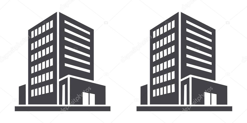 Commercial building silhouette icon, a sleek, modern skyscraper symbol for a real estate agency, property management firm