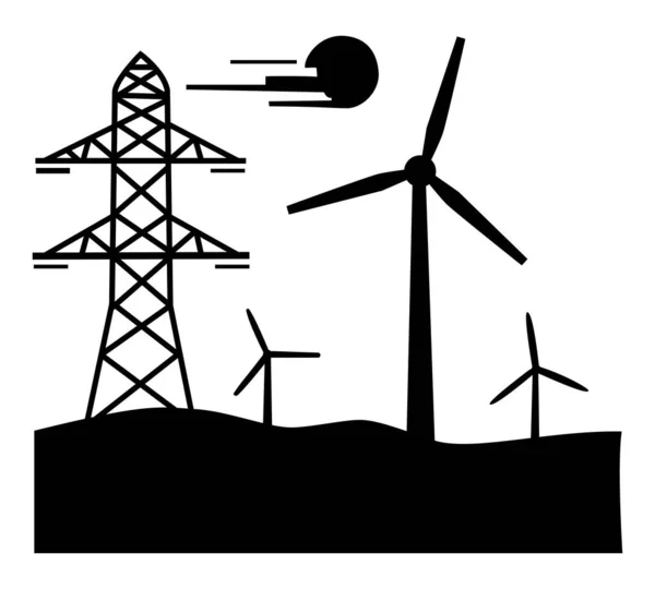 Rüzgâr türbinleri ve biçimlendirilmiş güneşin altında bir elektrik direğinin yer aldığı güç üretiminin bir göstergesi.