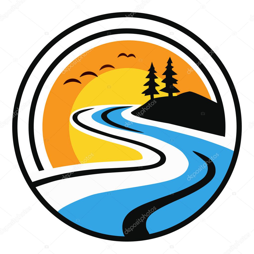 A river logo flowing through a natural landscape with pine trees, silhouetted birds, and a sun