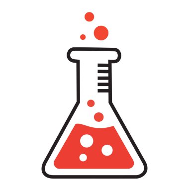 Kimya bilimi laboratuvarı araştırma eğitimi için kırmızı sıvı içeren fokurdayan şişe vektör illüstrasyon simgesi veya logo tasarımı