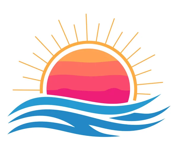 Renkli bir günbatımı logosu, stilize dalgaları, plaj tesisi, seyahat acentesi veya deniz kenarında tatil markası için mükemmel.