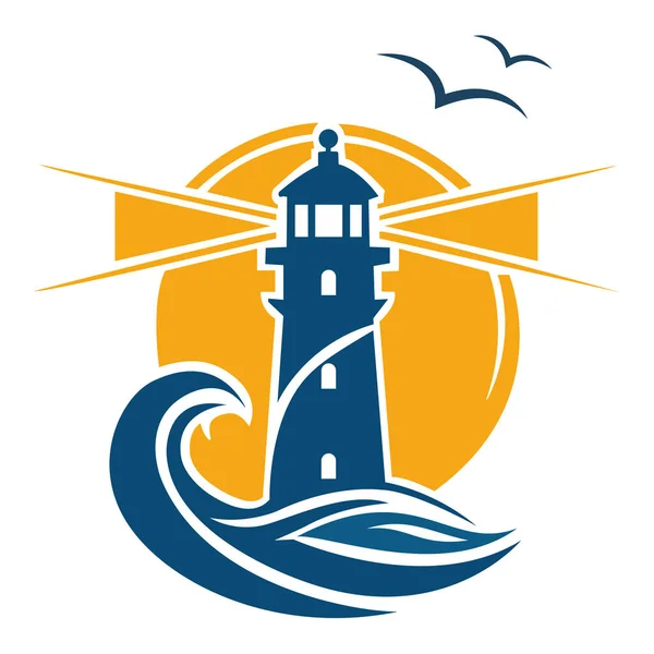Mavi bir deniz feneri logosu, sarı bir güneş ve uçan kuşların bulunduğu bir dalganın üzerinde duruyor. Denizde yol göstermenin ve umudun güçlü bir sembolü.