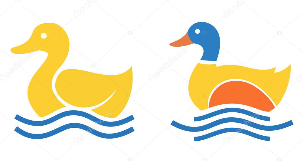 Simple duck vector illustrations floating on blue water waves perfect for children's designs, logos, or summer graphic projects