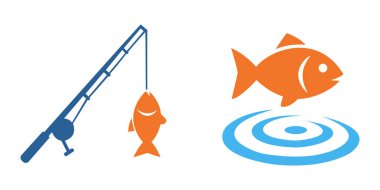 Oltaya takılmış bir balık ve dalgalı su resimlerinden atlayan bir balığın yer aldığı iki balıkçı logosu.