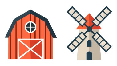 Geleneksel ahşap ahır ve eski moda tahıl öğütme yel değirmeni tasarımının yer aldığı kırsal çiftlik manzarası çizimi