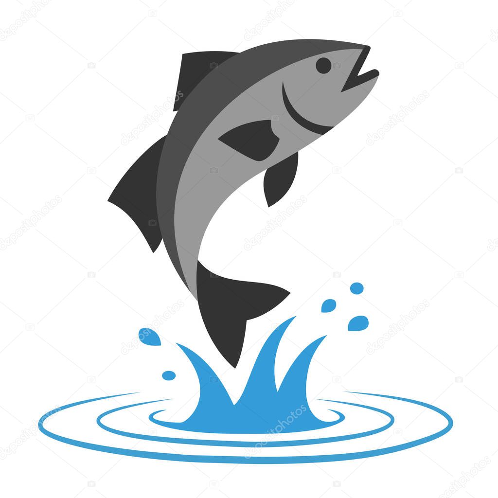Jumping fish logo with water splash and ripples, symbolizing fishing, marine life, and outdoor recreation