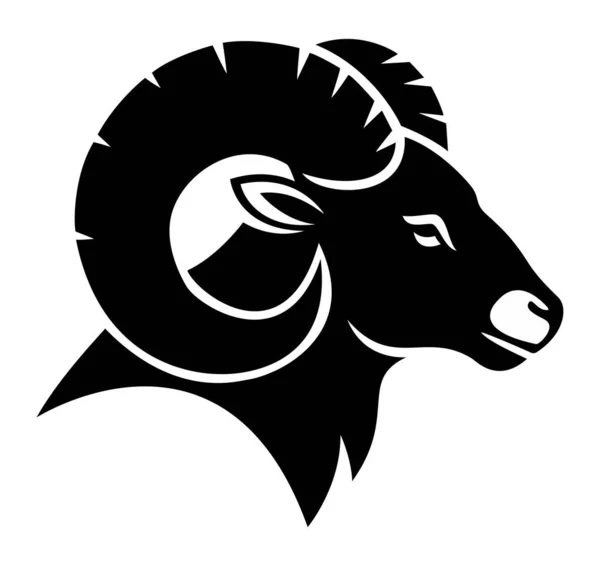 Koç başlı siluet vektör logosu veya spor takımı, finans veya güvenlik markası kimliği için büyük eğri boynuzlu maskot