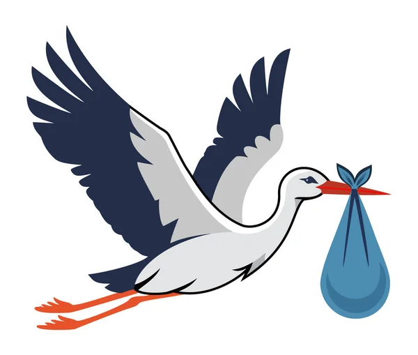 Uçan beyaz leylek çizimi gagasında bebek demeti olan yeni doğan kutlama vektörü