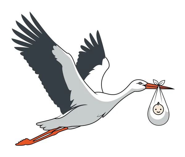 Geleneksel uçan leylek yeni doğmuş mutlu bir bebeği kundaklanmış bir paketin içinde taşıyor, doğum duyurusu vektörü