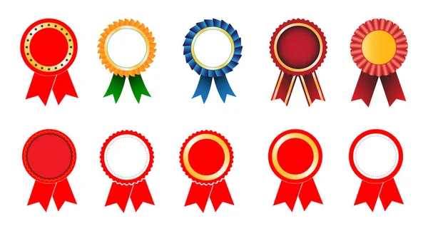 Ödül rozeti seti, başarı, rekabet ve tanınma için on renkli kurdele ve rozet, Vektör illüstrasyon koleksiyonu
