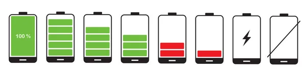 Batarya şarj seviyesi simgeleri kümesi göstergeleri tam, orta, düşük, şarj edilmiş ve boş durumları gösterir - ui tasarımı için vektör çizimi